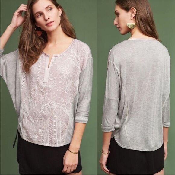 Anthropologie TINY Hazel Gray Embroidered Top Size S Dolman Delicate Romantic - Picture 1 of 5